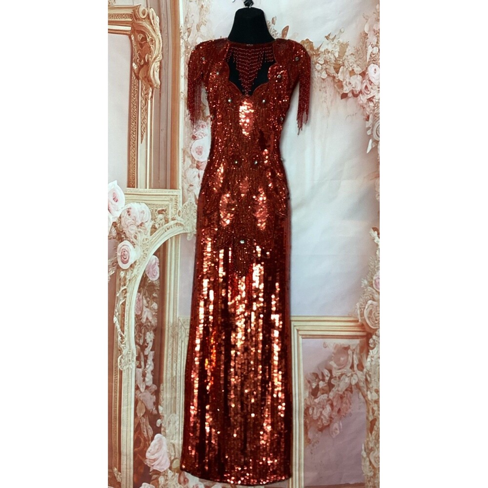 Sequin Originals Dress Red Beaded Sequin Art Deco Gatsby Evening Gown Formal XS